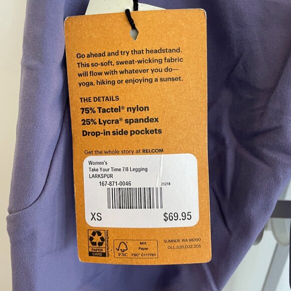 Women's REI Co-op Take Your Time 7/8 Leggings | X-Small | Larkspur | NWT - Picture 9 of 12